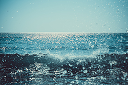 A wave in the ocean spraying water and salt on the lens